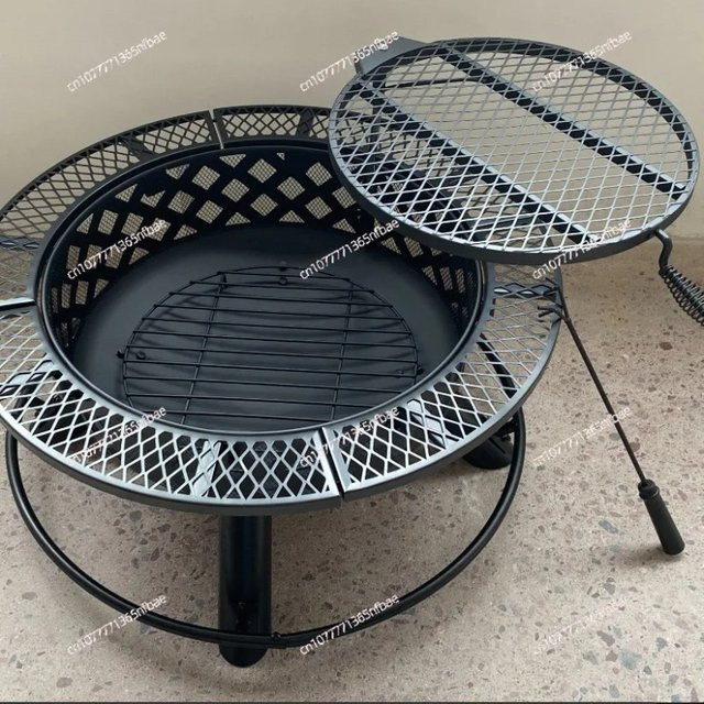 Runde Outdoor-Feuerschale in Schwarz mit Grillrost und Warming Rack für Holzkohle, B/T/H: 82,0 x 40,0 x 40,0 cm - Bild 1
