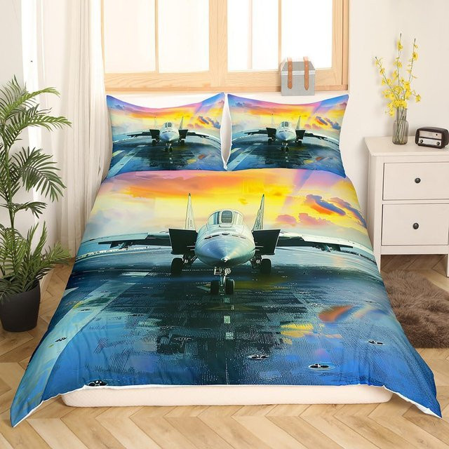 Flugzeug Bettwäsche Set mit 3D Luftfahrt Design für Kinder und Erwachsene, Blau, Material: Mikrofaser, Breite: 135 cm - Bild 1