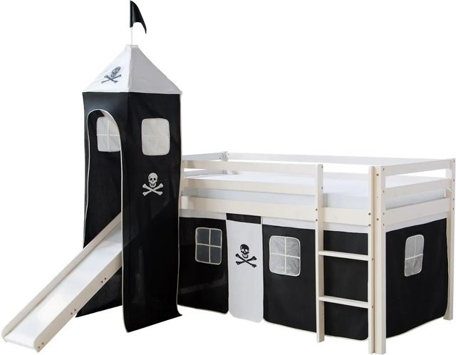 Homestyle4u Hochbett für Kinder aus Kiefernholz mit Piraten Design und Vorhang in Weiß und Schwarz, B/T/H: 90 x 200 x 155 cm - Bild 1
