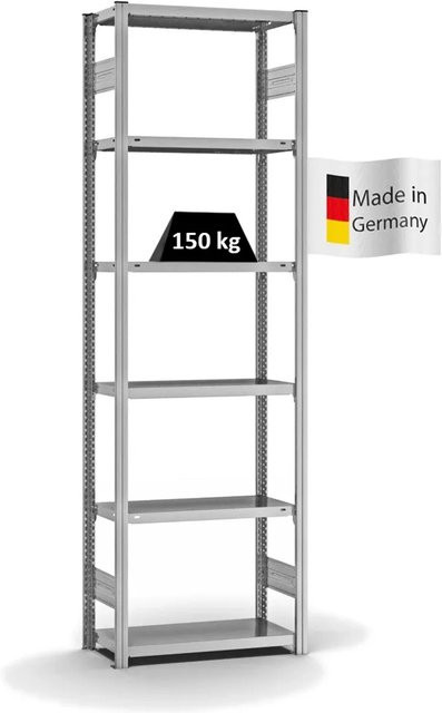 PROREGAL Fachbodenregal Stecksystem T-Profil Light-Duty, verzinkt, Farbe: Silber, H x B x T: 250 x 75 x 30 cm, 6 Ebenen, Fachlast 150 kg, beidseitig nutzbar - Bild 1