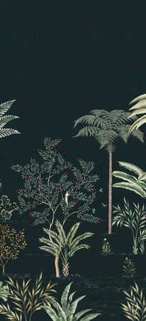 Isidore Leroy Wandbild Jardin des Oiseaux Nuit als Vlies Tapete mit Tierprint in Schwarz, Grün und Mehrfarbig