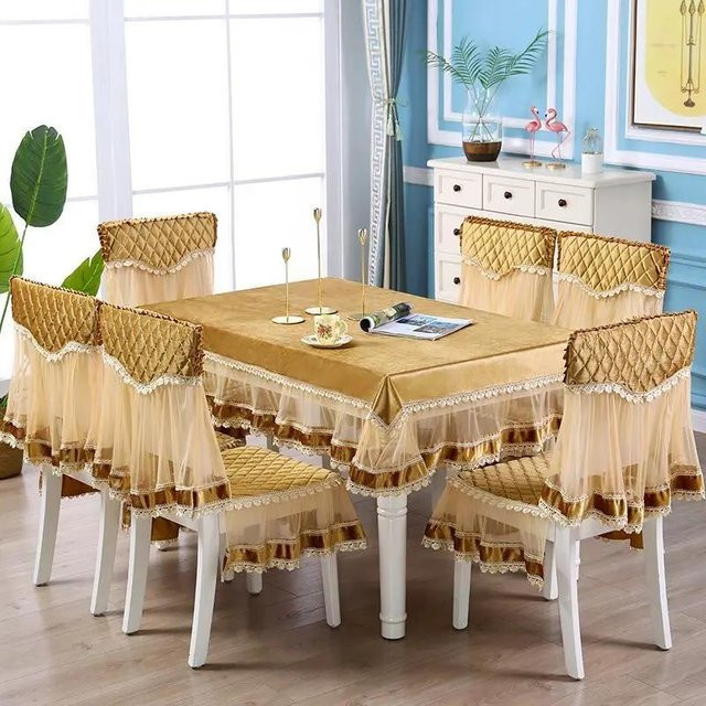 Super Six Tischdecke und Stuhlset mit Spitzensaum aus Samt in Gold, rechteckig - Bild 1