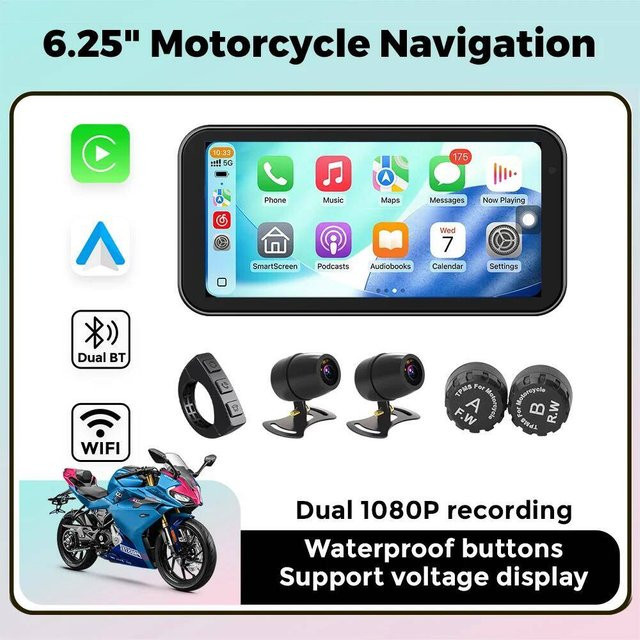 Tomostrong Tragbares Motorrad-Navigationssystem mit 6,25 Zoll Display, IP67 Wasserdicht, GPS, Wireless CarPlay und Android Auto, Schwarz - Bild 1