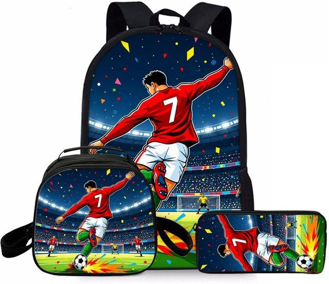 VINKA 3er Set mit Fußball-Aufdruck bestehend aus wasserdichtem Schulrucksack, runder Brotdose und Federmäppchen in Multicolour für Kinder - Bild 1
