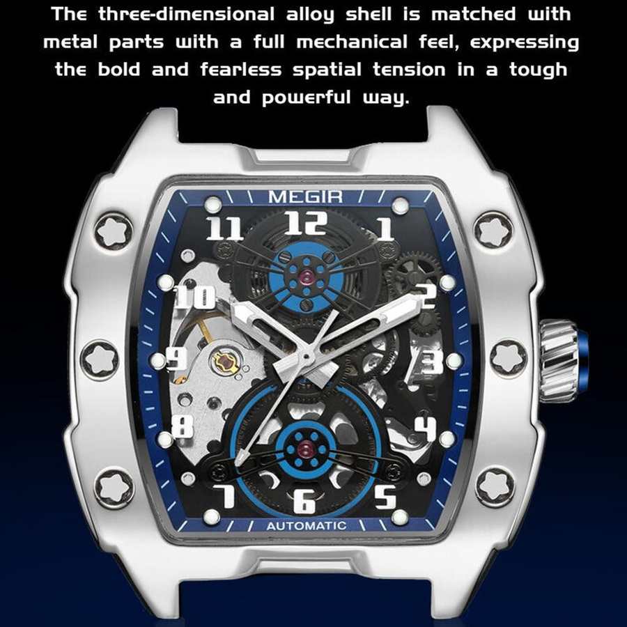 MEGIR Armbanduhr, Automatik, Tonneau, Edelstahl, Blau, Herren - Bild 8