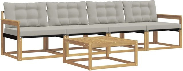 vidaXL Outdoor-Sofagarnitur aus Akazienholz mit Textilene-Bezug und Polstern, 5-teilig, Weiß und Grau, B/T/H: 79 x 79 x 37 cm - Bild 1