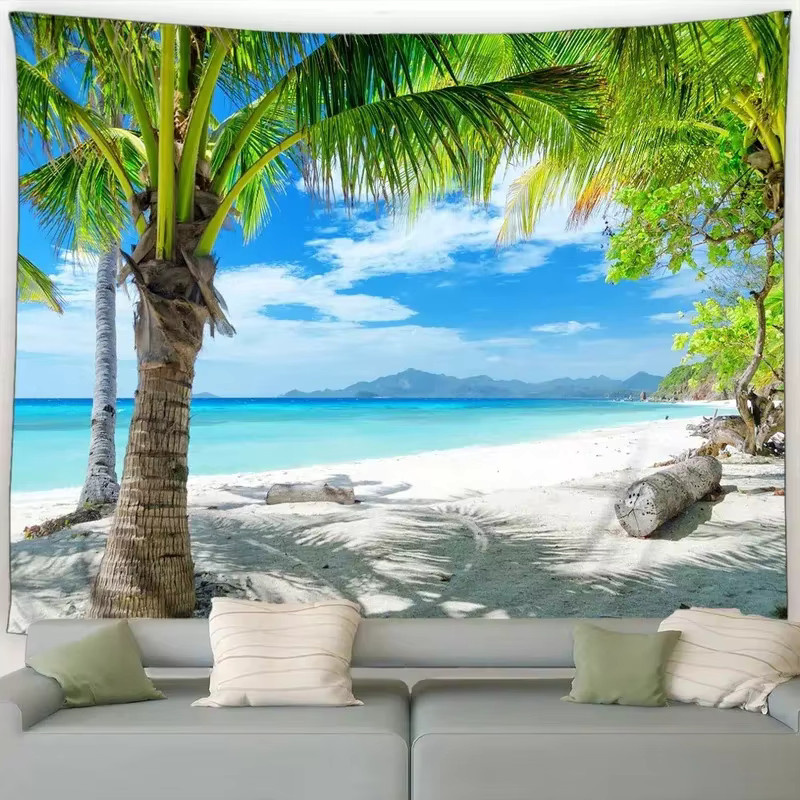 VIKAMA Wandteppich mit tropischer Strandlandschaft, Meeresschildkröte und Kokosnussbäumen, Mehrfarbig - Bild 2