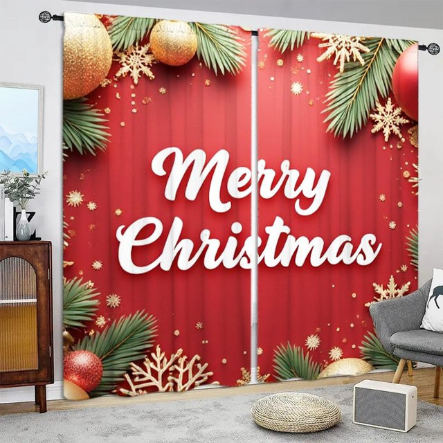 2er-Set Weihnachts Vorhänge mit Frohe Weihnachten Print in Rot, halbtransparent, Polyester, Breite: 52,5 cm, Höhe: 116 cm - Bild 1