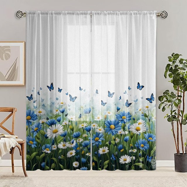 2-teiliges Rodd Fenstergitter mit HD-Digital-Gänseblümchen-Blumenmuster in Meeresblau und Weiß, B: 132 cm, H: 160 cm - Bild 1