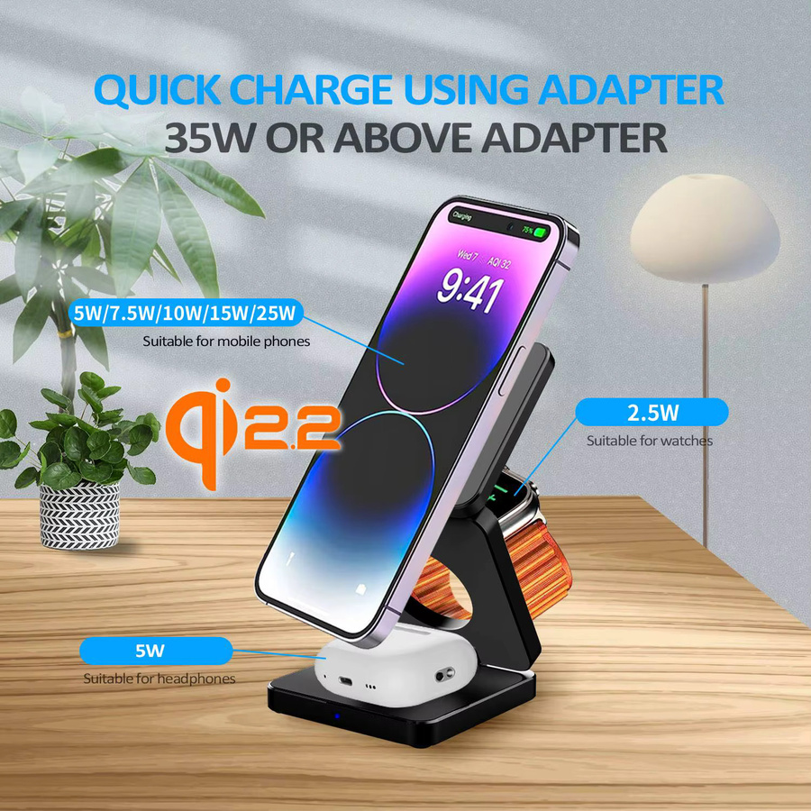 ILEPO 3-in-1 Magnetischer Qi2 Kabelloser Ladeständer 25W Faltbar für iPhone, Apple Watch und AirPods in Silber - Bild 5