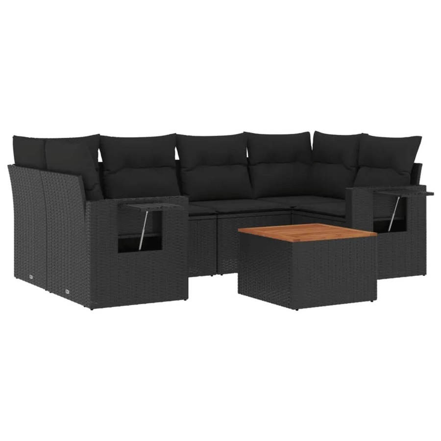 vidaXL 7-teilige Garten-Sofagarnitur in L-Form aus Polyrattan und Akazienholz mit Kissen in Schwarz - Bild 2