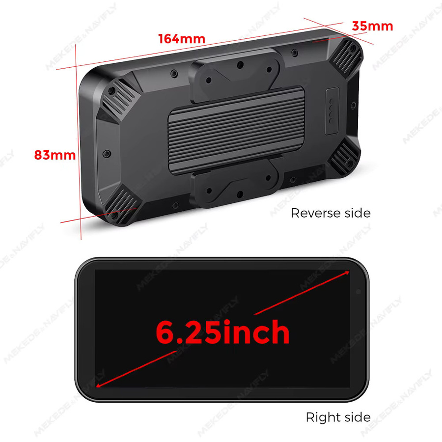 Mekede Tragbares Motorrad-GPS-Navigationsgerät mit 6,25 Zoll Display, IPX7 wasserdicht, Wireless CarPlay und Android Auto Drive Recorder, Schwarz - Bild 6