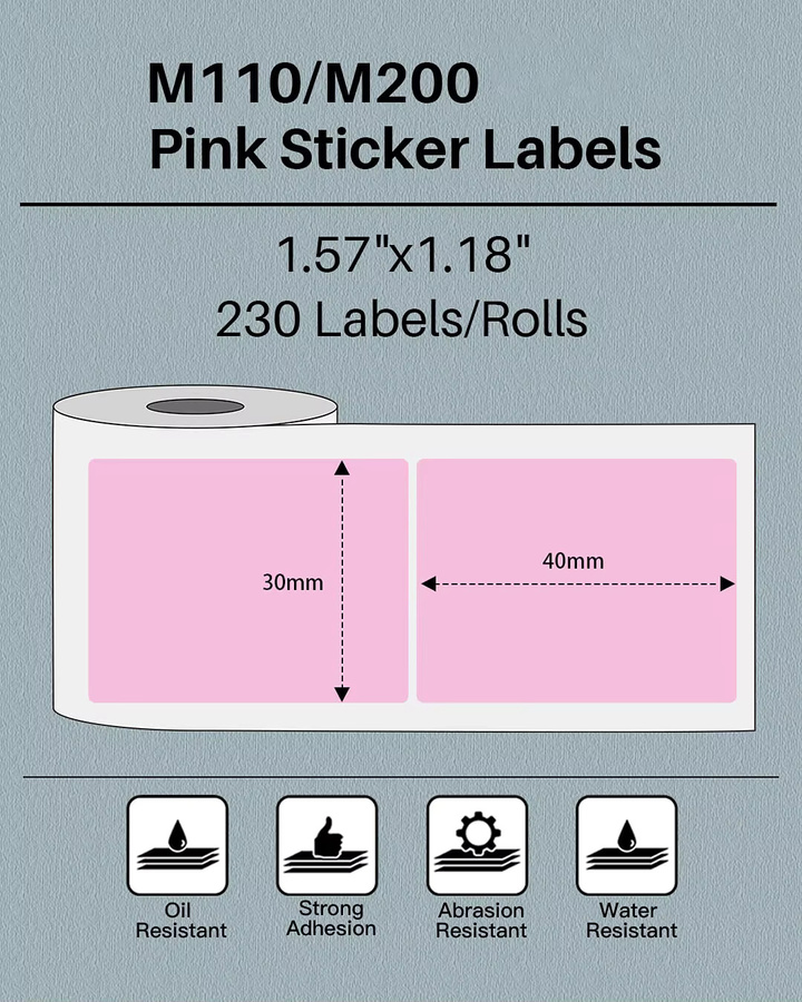 Phomemo Selbstklebende Etiketten in Rosa, 40 x 30 mm, 230 Stück pro Rolle, passend für Phomemo M110 und M220 - Bild 2