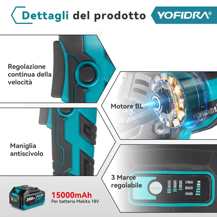 YOFIDRA Bürstenloser elektrischer Winkelschleifer mit 3 Gängen, kabelloser Polierer und Schneider für Makita 18 V-Batterie, Durchmesser: 125 mm - Bild 6