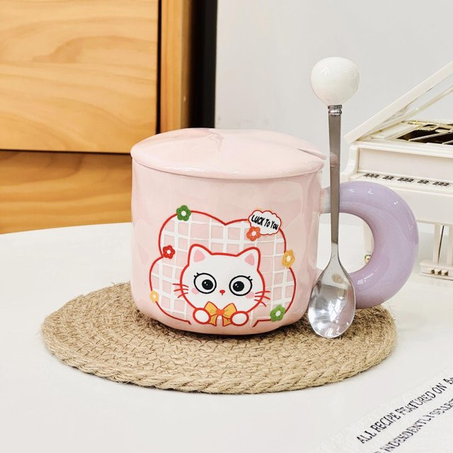 Keramiktasse mit Deckel und Strohhalm von Yiran Furniture, Hase-Design in Pink, 380 ml - Bild 1