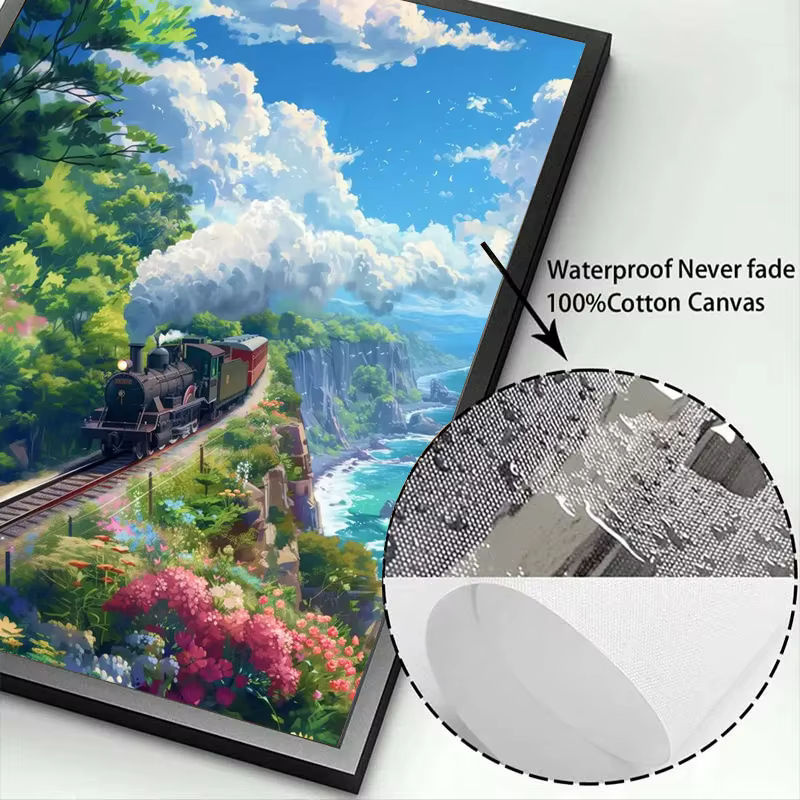 Potdemiel Leinwand Wandkunst Poster Sommer Landschaft mit blauer Hütte und Strand in modernem Anime-Stil - Bild 2