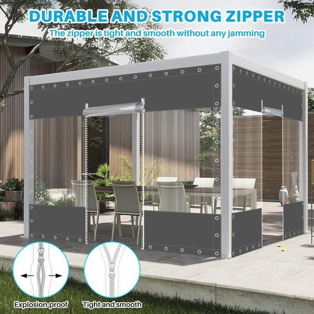 Wasserdichte Vinyl-Vorhänge mit Reißverschluss und Ösen, transparente PVC-Plane für Veranda, Pergola und Pavillon, Grau - Bild 1