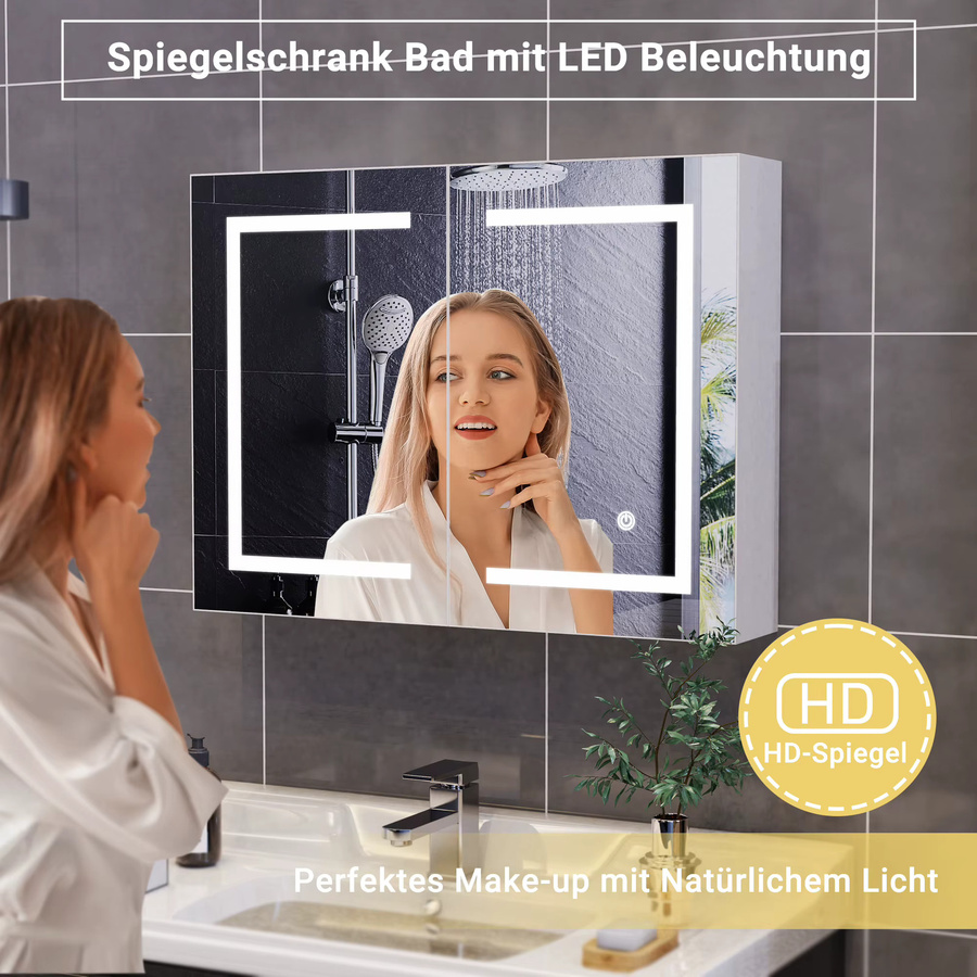 Comanlai Badezimmerspiegelschrank in Weiß mit LED-Beleuchtung und Touch-Sensor, Wandschrank mit 2 Türen und Regal, B/H/T: 80 x 60 x 13,5 cm - Bild 2