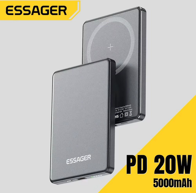 Essager Magnetische Powerbank mit 5000 mAh und 20 W Schnellladung für MagSafe, kabellose externe Akku für iPhone 17 16 15 14 in Schwarz oder Grau - Bild 1