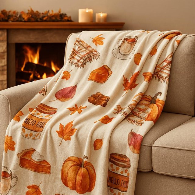 Kuschelige Flanelldecke mit Herbstkürbis- und Ahornblatt-Muster in Beige, B/T: 100 x 130 cm - Bild 1