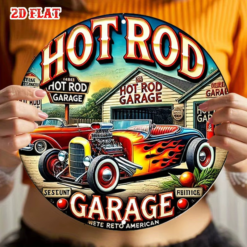 Potdemiel Vintage Hot Rod Garage Rundes Aluminiumschild mit Flaming Flames Retro-Metallwandkunst in Mehrfarbig - Bild 6