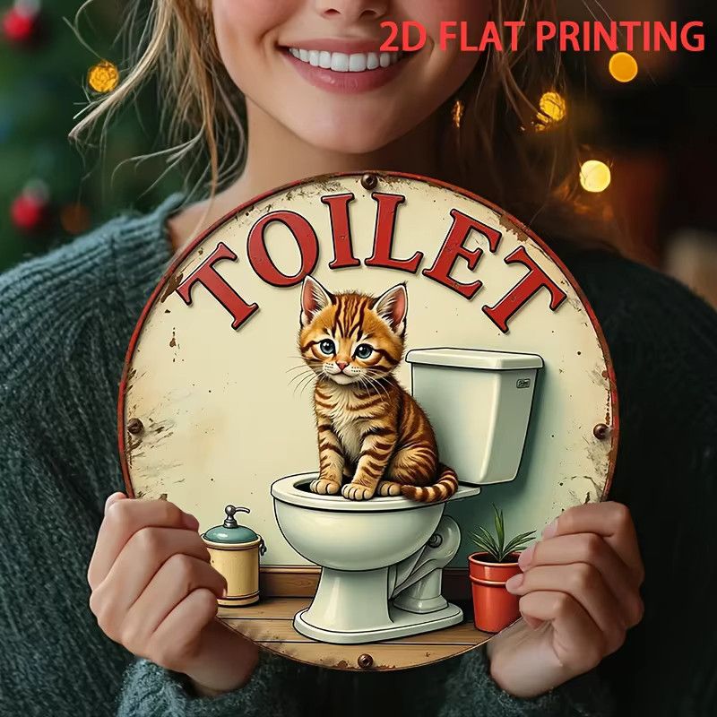 Vintage Badezimmerdekoration aus Metall mit orangefarbenem Tabby-Kätzchen und Toilettenschild von Potdemiel - Bild 2