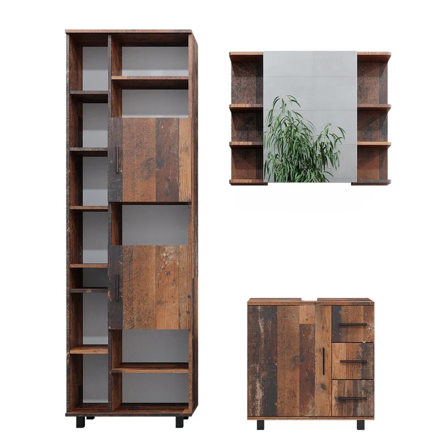 Vicco Badmöbelset Ilias Old Style in Eiche Rustikal Braun, 3-teilig bestehend aus Spiegelschrank, Waschbeckenunterschrank und Badschrank - Bild 3