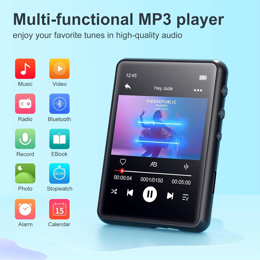 MECHEN MP3-Player mit 64 GB, tragbarer digitaler Musik-Player mit Bluetooth 5.3, 2,4 Zoll Voll-Touchscreen, FM-Radio und Linienaufzeichnung in Schwarz - Bild 2
