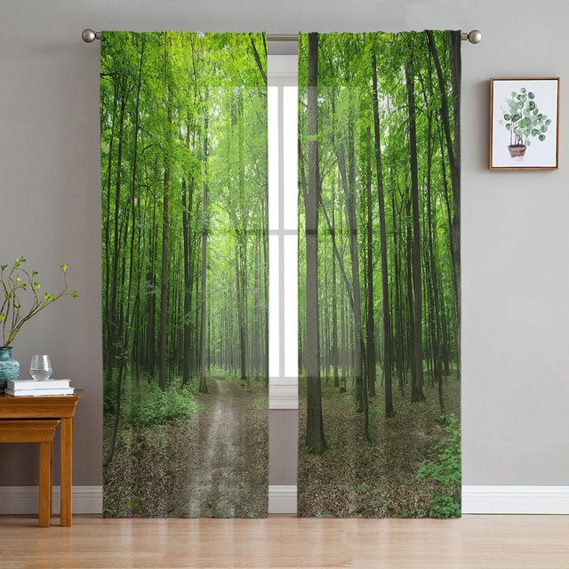 Transparente Tüll-Fenstervorhänge Grüne Waldsonne mit Naturmotiv, moderne Voile-Organza-Vorhänge für Wohnzimmer und Schlafzimmer, Farbe: Grün/Transparent, Breite: 135 cm, Höhe: 137 cm - Bild 1