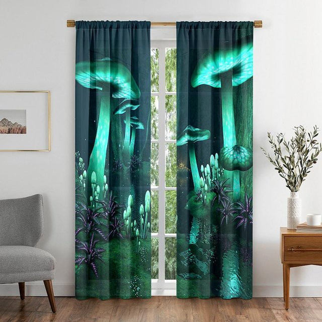 Semi-transparente Vorhänge mit Pilz- und Blumenmuster in Grün, 2er-Set, B: 50 cm, H: 130 cm - Bild 1
