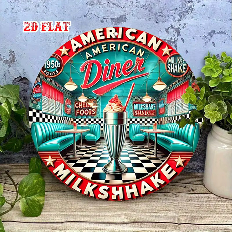 Potdemiel Vintage 1950er Jahre American Diner Milkshake Rundes Aluminiumschild aus Metall, Wanddekoration Mehrfarbig, Durchmesser: 20 cm - Bild 3