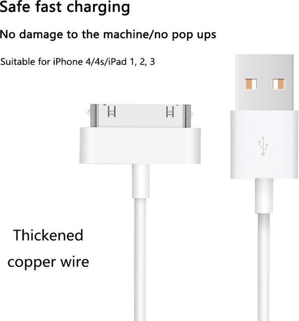 JCD 30 Pin Nano Touch USB Lade- und Datenkabel in Weiß für iPhone 4, 4s, iPad 1, 2, 3 und iPod - Bild 1