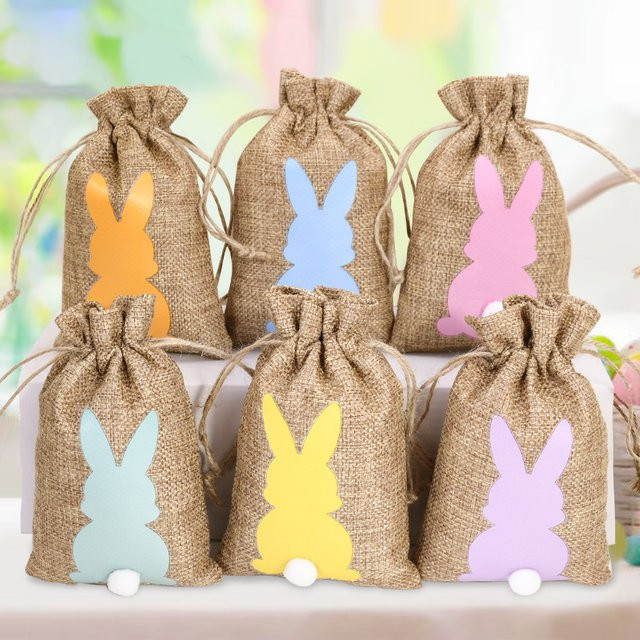 ZQNYCY Ostern Leinen Süßigkeiten Geschenk Tasche mit niedlichem Häschen Motiv, 24 Stück, Mehrfarbig - Bild 1