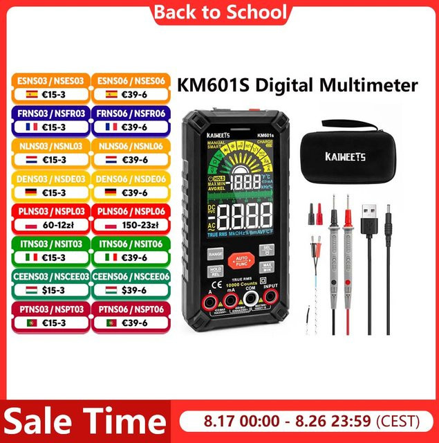 KAIWEETS KM601S Digitalmultimeter in Schwarz mit 10.000 Zählungen, True-RMS, Smart Mode, manuellem Modus und integrierter Taschenlampe - Bild 1