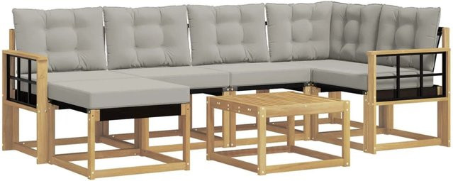 vidaXL Outdoor-Sofagarnitur 7-teilig in L-Form aus Akazienholz und Textilene mit Kissen in Weiß und Hellgrau - Bild 1