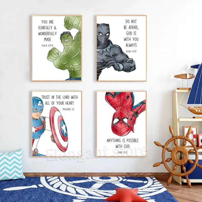 Rahmenloses Leinwandgemälde von KAYOU mit Superhelden und Bibelversen, mehrfarbiger Kunstdruck im Hochformat für Kinder - Bild 2