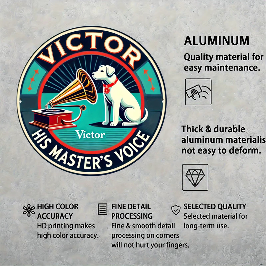 Victor His Master's Voice Rundes Aluminiumschild von Potdemiel – Vintage Metallwandkunst mit Hund und Grammophon, Mehrfarbig, Durchmesser: 20,3 cm - Bild 6