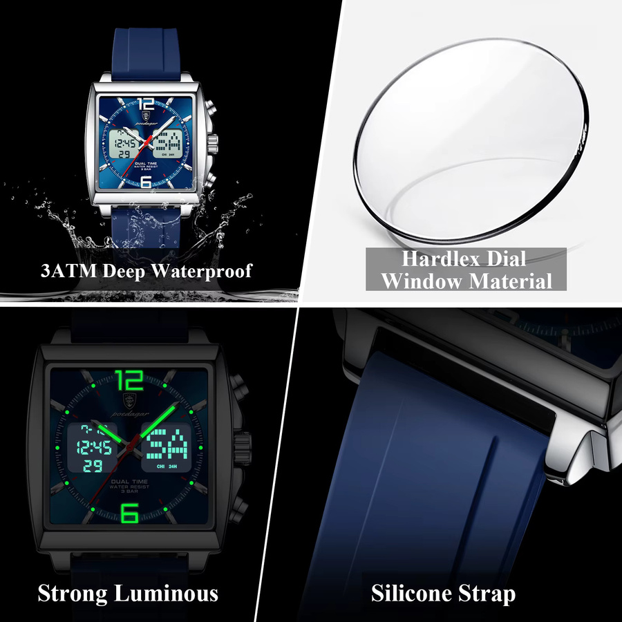 POEDAGAR Herren Armbanduhr, Quarz, Digitaluhr, eckig, Silber, Silikon - Bild 4