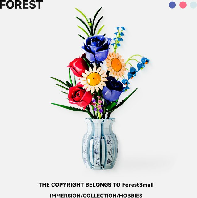 Forange Blaue Porzellan-Blumenstrauß-Bausteine, Rosen- und Sonnenblumen-Modellbausatz mit Vase - Bild 1