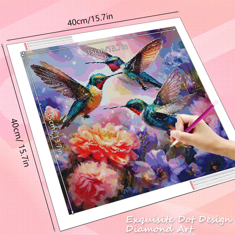 HUACAN Diamant-Mosaik Set mit Kolibri und Pfingstrosen, rund, mehrfarbig - Bild 1
