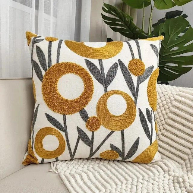 JMG Clothing Boho Floral Getufteter Dekokissenbezug aus Baumwolle und Leinen, Gelb, B/B: 45 x 45 cm - Bild 1