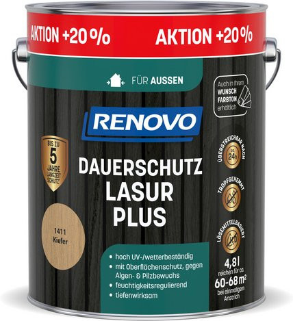 RENOVO Dauerschutzlasur PLUS für Holz, Farbe: Braun, halbtransparent, seidenglänzend, 4,8 l - Bild 1