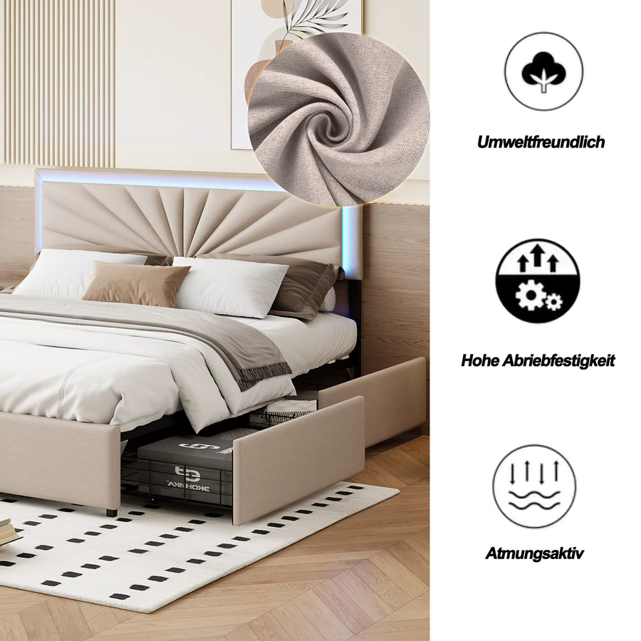 FEEOHOME Polsterbett Beige mit 4 Schubladen und Unterbettbeleuchtung, B/T: 160 x 200 cm - Bild 4