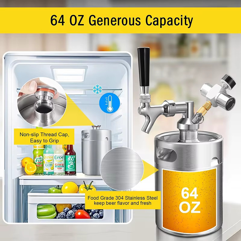 ELECQUEEN Mini-Fass-Wachstumsset aus Edelstahl in Silber mit 2L Volumen, CO2-Ladegerät (0-60psi) und selbstschließendem Wasserhahn zur Herstellung von kohlensäurehaltigem Bier - Bild 3