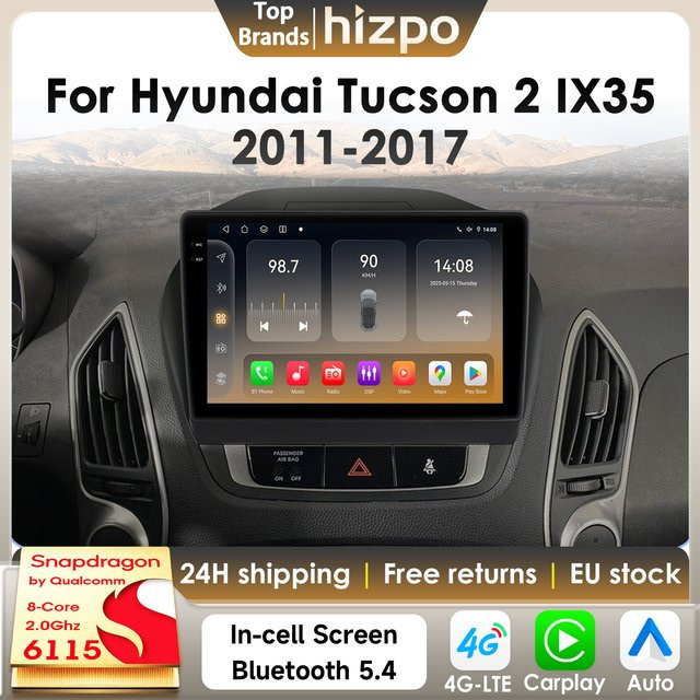 Hizpo Android 14 Autoradio für Hyundai Tucson 2 IX35 2011 - 2017 mit Qualcomm Snapdragon 6115, 8-Core, 2Din, CarPlay, GPS, 4G und Bluetooth 5.4 in Schwarz - Bild 1