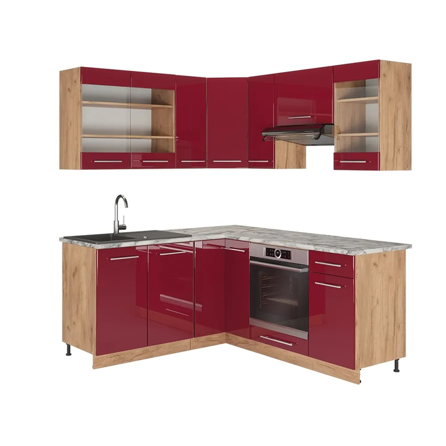 Vicco Fame-Line Küchenschrank Set in Bordeaux Hochglanz und Goldkraft Eiche mit Marmor-Optik, B/H: 160 x 190 cm - Bild 2