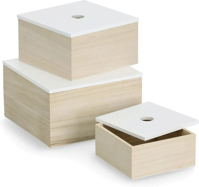 Zeller Aufbewahrungsboxen-Set aus Holz, 3-teilig, Weiß-Natur, B/T/H: 24 x 24 x 14 cm - Bild 1