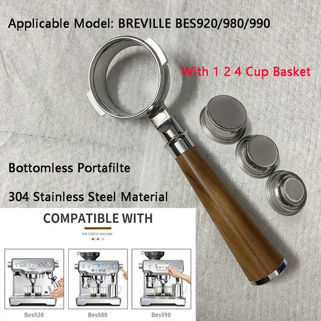 YUAN-ECT Bodenloser Siebträger 58 mm mit Siebkorb für 1, 2 oder 4 Tassen aus Edelstahl und Holz in Silber und Beige für Breville BES920/980/990 - Bild 1