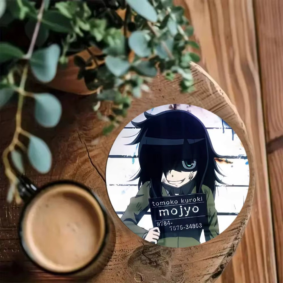 Runder Holz-Untersetzer mit Anime Watamote Tomoko Kuroki Motiv, Durchmesser: 10 cm, Mehrfarbig - Bild 4
