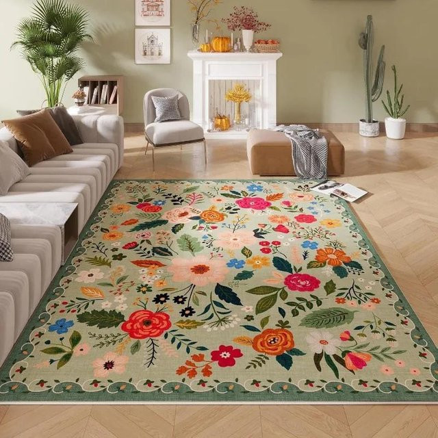 JGJG Wohnzimmerteppich mit Blumenmuster in Rosa und Multicolour, waschbarer Vintage Teppich im Boho-Stil, rutschfest, B/T: 60 x 40 cm - Bild 1